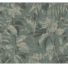 Behang met botanisch bladerpatroon in donkergroen en gestructureerd ontwerp.