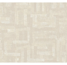 Behang met linnenstructuur en geometrisch patroon in beige en crème.