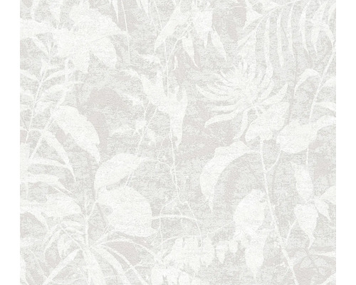 Vliesbehang met floraal bladerpatroon en gestructureerd oppervlak in lichte steenlook.