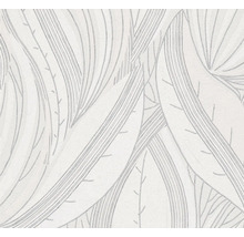 Vliesbehang met bladpatroon en gebogen lijnen in lichtgrijs en wit.