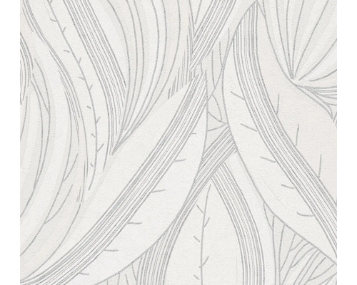 Vliesbehang met bladpatroon en gebogen lijnen in lichtgrijs en wit.