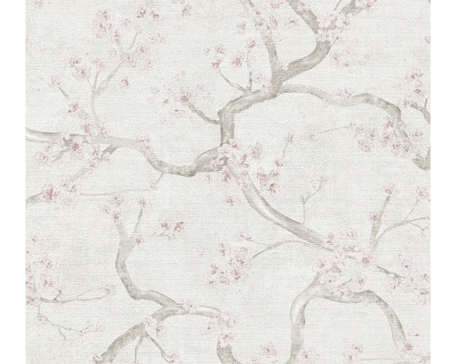 Vliesbehang met een patroon van takken en kersenbloesems.