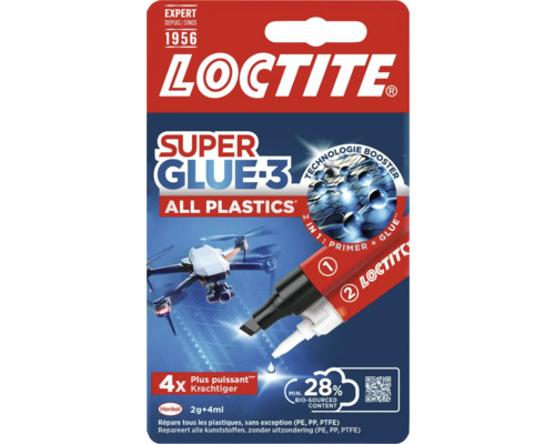 Loctite secondelijm Super Glue-3 All Plastics set met primerstift en lijm voor alle kunststoffen zoals polyethyleen en polypropyleen.