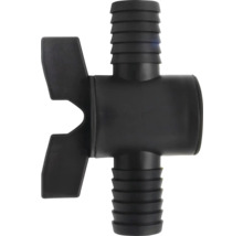 Kunststof afsluitkraan in het zwart met vleugelgreep en slangpilaren voor tuinbewatering.