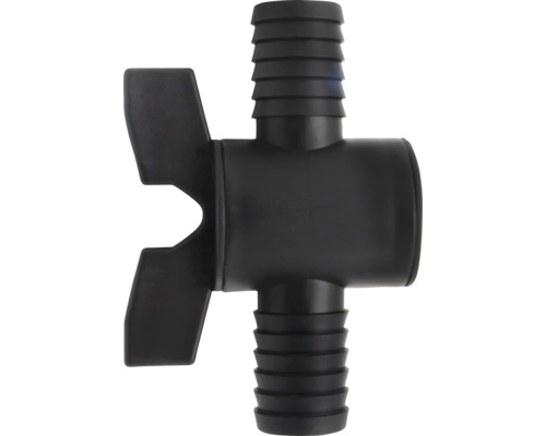 Kunststof afsluitkraan in het zwart met vleugelgreep en slangpilaren voor tuinbewatering.