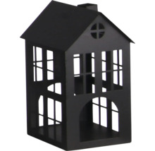 Metalen windlicht in de vorm van een huis met decoratieve raamuitsparingen en zadeldak.