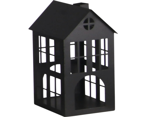 Metalen windlicht in de vorm van een huis met decoratieve raamuitsparingen en zadeldak.