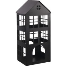 Windlicht van metaal in de vorm van een huis, zwart, met puntdak, raamopeningen en een ronde boogdeur.