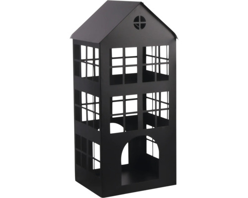 Windlicht van metaal in de vorm van een huis, zwart, met puntdak, raamopeningen en een ronde boogdeur.