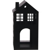 Decoratief huis van zwart metaal met schoorsteen, ruitjesvensters en een boogvormige opening.