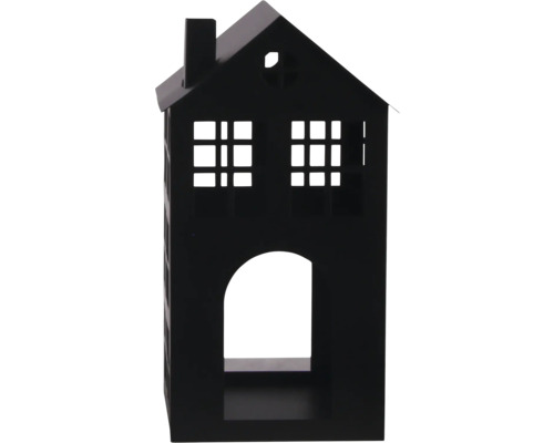 Decoratief huis van zwart metaal met schoorsteen, ruitjesvensters en een boogvormige opening.