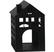 Zwart decoratief huisje van metaal met uitgesneden vensters en schoorsteen.