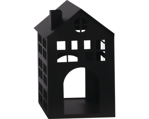 Zwart decoratief huisje van metaal met uitgesneden vensters en schoorsteen.