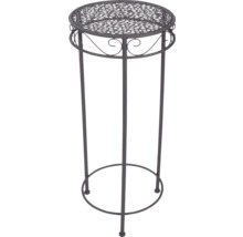 Ronde metalen plantenstandaard in antraciet met geperforeerd blad en decoratieve details.