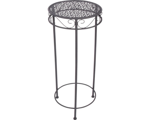 Ronde metalen plantenstandaard in antraciet met geperforeerd blad en decoratieve details.