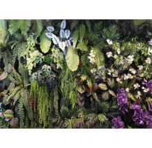 Kunstplantenwand met varens, Monstera-bladeren en orchideeën voor verticale wanddecoratie.