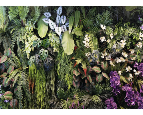 Kunstplantenwand met varens, Monstera-bladeren en orchideeën voor verticale wanddecoratie.