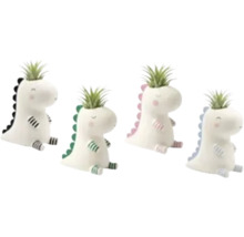 Vier decoratieve dinosaurus plantenpotten van keramiek met Tillandsia luchtplanten.