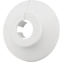 Witte radiatorrozet van kunststof voor het afdekken van leidingdoorvoeren.