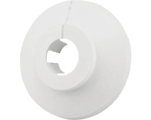Witte radiatorrozet van kunststof voor het afdekken van leidingdoorvoeren.
