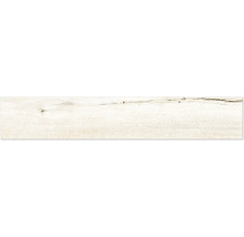 Langwerpige vloertegel met lichte houtlook, voorzien van houtnerf en noesten.