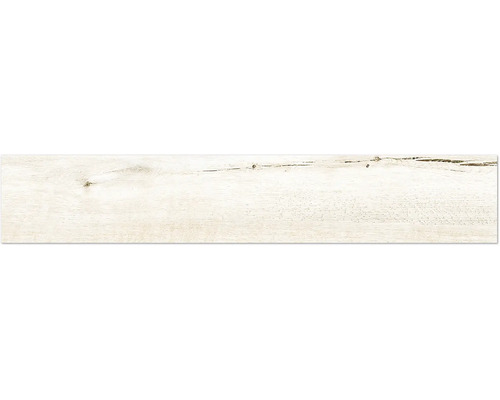 Langwerpige vloertegel met lichte houtlook, voorzien van houtnerf en noesten.