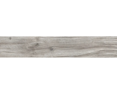 Vloertegel met houtlook, nerven en noesten in grijs.