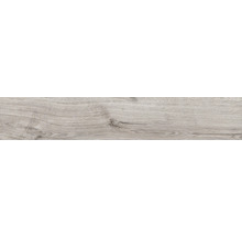 Vloertegel met houtlook, natuurlijke houtnerf en noesten in lichtgrijs.