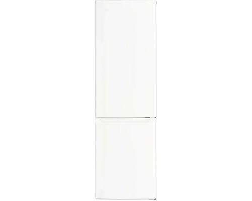 Witte koel-vriescombinatie met twee deuren, vrijstaand.