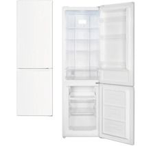 Witte koel-vriescombinatie, gesloten en geopend weergegeven met glazen plateaus en vriesladen.