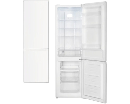 Witte koel-vriescombinatie, gesloten en geopend weergegeven met glazen plateaus en vriesladen.