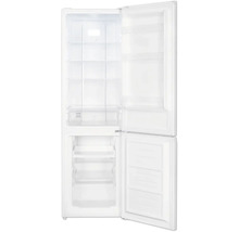 Witte koel-vriescombinatie met open deuren, glazen legplateaus, groentelade en drie vriesladen.