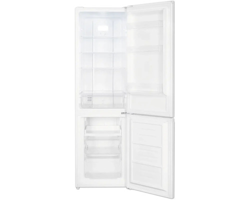 Witte koel-vriescombinatie met open deuren, glazen legplateaus, groentelade en drie vriesladen.