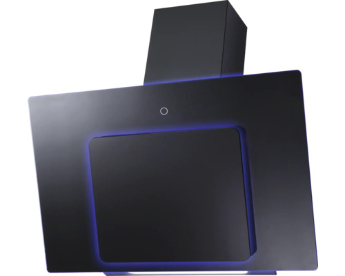 Schuin model wandschouwkap van zwart glas met blauwe led-verlichting.