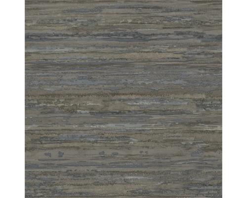 Behang met horizontale structuur en onregelmatige strepen in grijs, bruin en blauw.