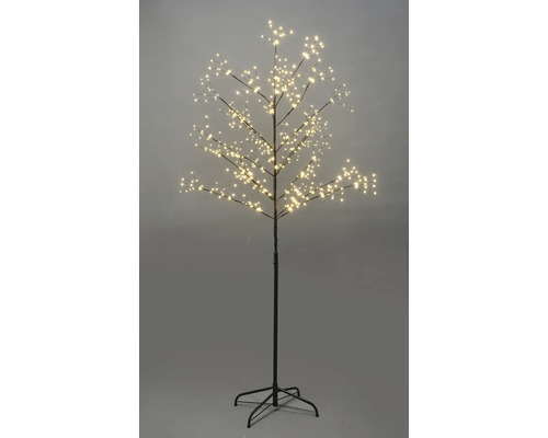Decoratieve led-lichtboom met warmwitte lampjes en zwarte metalen standaard.