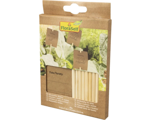 FloraSelf Nature plantenlabels van bamboe, 20 stuks, labels 5 bij 7 centimeter, stokjes 5 millimeter diameter bij 12,5 centimeter.