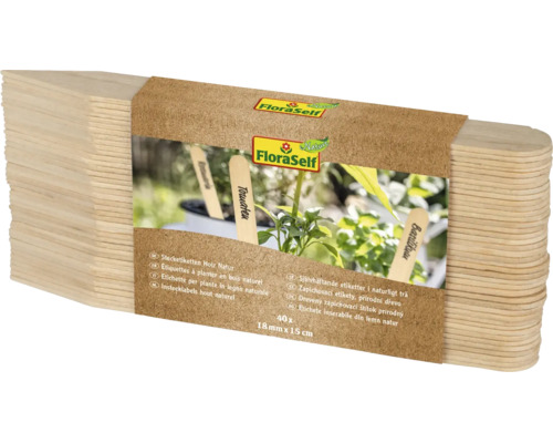 FloraSelf insteeklabels van natuurlijk hout, 40 stuks, 18 millimeter bij 15 centimeter, voor het labelen van planten. FloraSelf Logo.