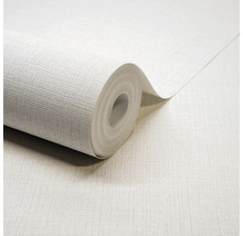 Gestructureerd behang met linnenlook, gedeeltelijk uitgerolde behangrol voor wanddecoratie.
