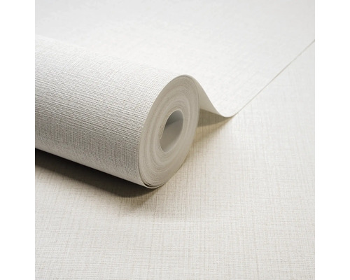 Gestructureerd behang met linnenlook, gedeeltelijk uitgerolde behangrol voor wanddecoratie.