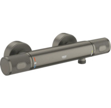 Grohe thermostaat douchemengkraan in Hard Graphite metaal met gekartelde grepen, 38 graden markering en Grohe Logo.