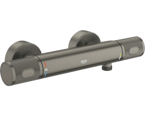 Grohe thermostaat douchemengkraan in Hard Graphite metaal met gekartelde grepen, 38 graden markering en Grohe Logo.