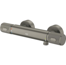Grohe douchethermostaat met getextureerde grepen, veiligheidsblokkering bij 38 graden en waterbesparingsknop in geborsteld donker metaal.