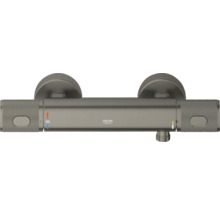 Grohe thermostaat douchekraan in geborsteld donkergrijs met getextureerde grepen en 38 graden veiligheidsstop.