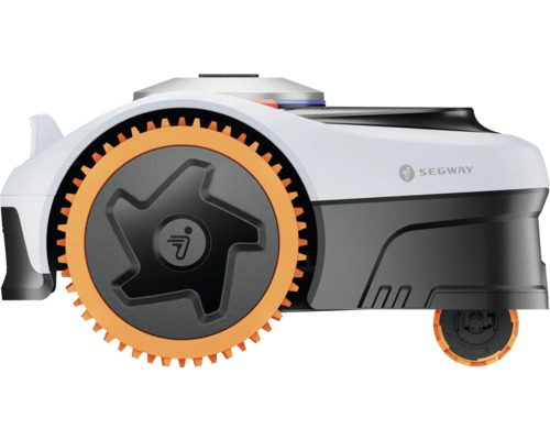 Segway robotmaaier zijaanzicht met geprofileerde wielen en Segway Logo.
