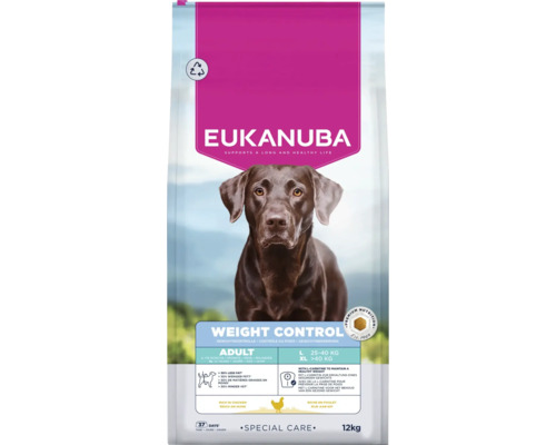 Eukanuba hondenvoer Special Care Weight Control voor volwassen honden van grote rassen, rijk aan kip, 12 kilogram.