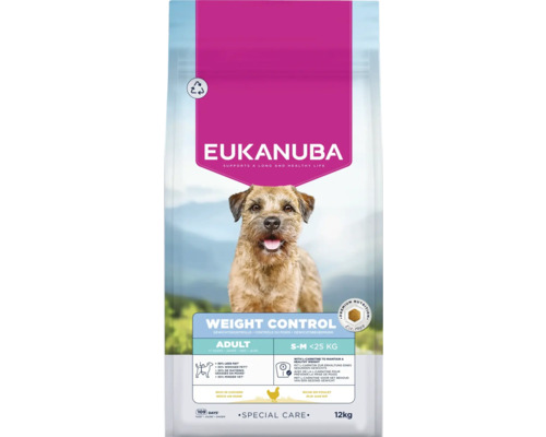 Eukanuba droogvoer Weight Control voor volwassen honden van kleine en middelgrote rassen tot 25 kilogram met kip, zak van 12 kilogram.