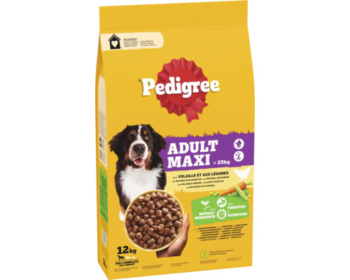 Pedigree Logo, Adult Maxi droogvoer voor volwassen honden vanaf 25 kilogram met gevogelte en groenten, zak van 12 kilogram.