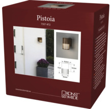 Verpakking van de Konstsmide buitenwandlamp Pistoia met afbeeldingen van de gemonteerde lamp en een technische tekening met afmetingen.