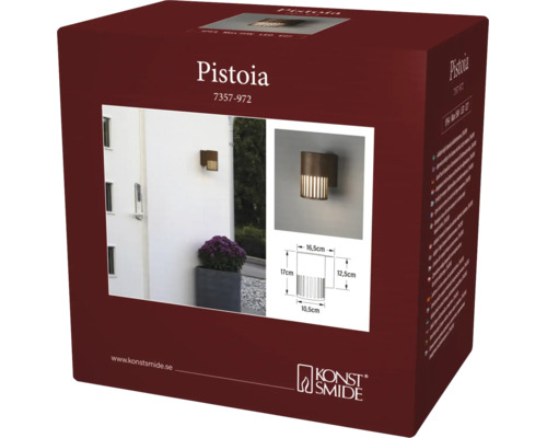 Verpakking van de Konstsmide buitenwandlamp Pistoia met afbeeldingen van de gemonteerde lamp en een technische tekening met afmetingen.
